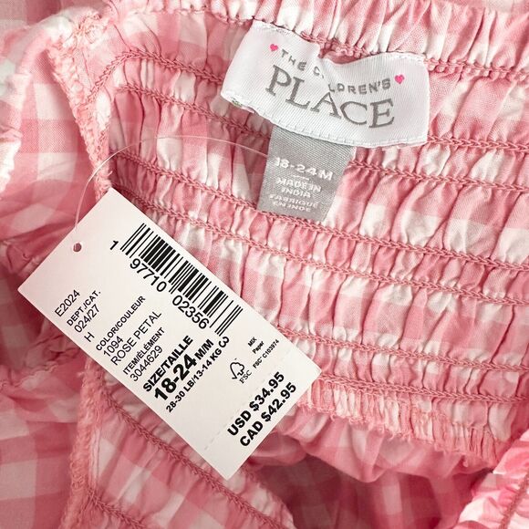 THE CHILDREN'S PLACE Dress Girls 18-24 Pink Cotton Smocked Gingham Babydoll NWT - Picture 3 of 6